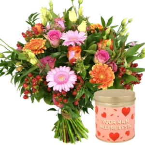 Boeket roze oranje + snoep blikje allerliefste