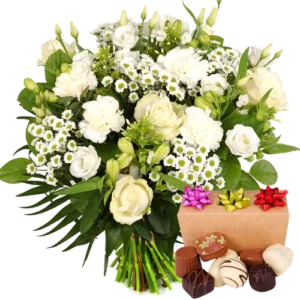 Boeket witte bloemen + 300 gram bonbons