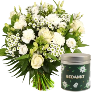 Bloemen Bestellen En Laten Bezorgen, Goedkoop & Snel! 4 Bedankt wit boeket + snoep blikje bedankt