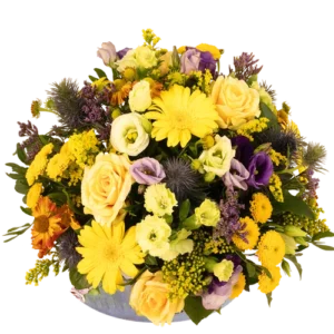 Biedermeier geel paars bloemstuk ca. 25 cm