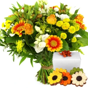 Vrolijk boeket + bloemen chocolade