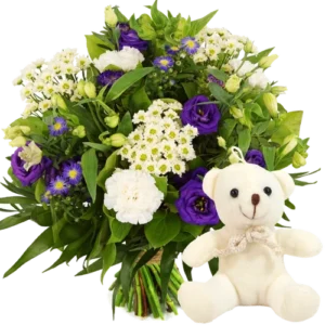 Boeket blauw paars wit + knuffelbeertje
