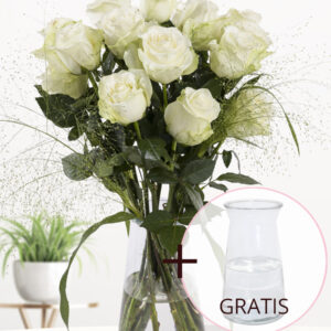 Wit rozenboeket met panicum + gratis glasvaas Aafke - Snowstorm